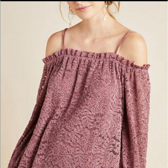 Anthropologie Eri + Ali Lace Off Shoulder Textured Lace Embroidered Top Small - Picture 3 of 11